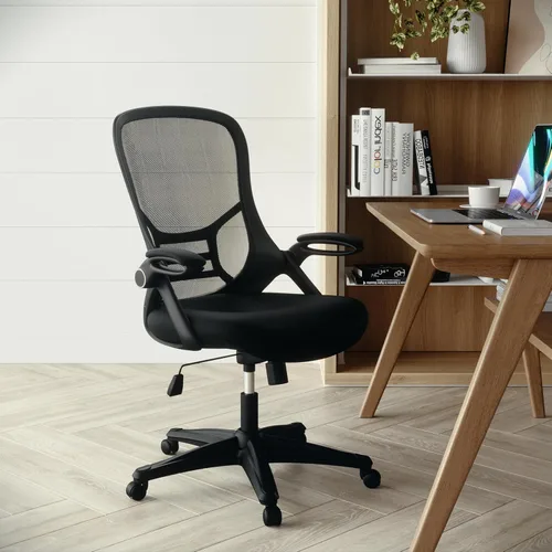 Miniatura 2 de Flash Furniture Porter - Silla de oficina giratoria ergonómica de malla negra con marco negro y brazos abatibles