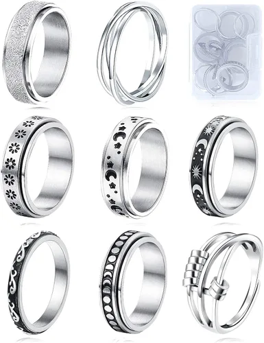 Spinner Ring for Anxiety 8pcs Stainless Steel Fidget Rings Anti Anxiety Ring Spinning Moon Star Cool Stress Relieving Rings for Women Men Teens Girls