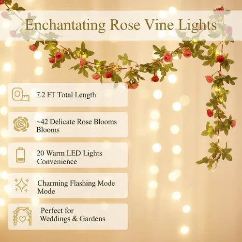 Miniatura 5 de Fielegen Guirnalda de 20 luces LED de flores de rosas, guirnalda de flores artificiales de 7.2 pies con luces de hadas para el día de San Valentín