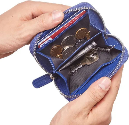 Miniatura 4 de Travelambo Monedero de piel auténtica con cremallera YKK, Azul, Moda