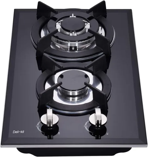 Placa de Cocina de Gas de Combustible Dual de 12 Pulgadas - 2 Quemadores Sellados, Vidrio Templado, Placa de Gas Empotrable DK123-A01S, Negro