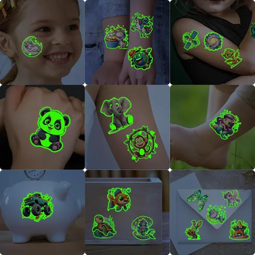 Miniatura 5 de Tatuajes Temporales Luminosos para Niños, Adhesivos de Estilos Mixtos de Tatuajes Falsos que Brillan en la Oscuridad con Sirena, Camión, Coche
