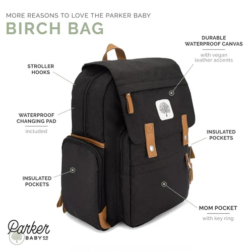 Miniatura 2 de Parker Baby Co. Mochila para pañales - Bolsa de pañales grande con bolsillos aislados, correas para cochecito y cambiador - Bolsa de abedul - Negro