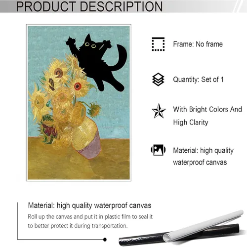 Miniatura 2 de Póster de Arte Gracioso de Gato Negro Vintage Van Gogh Girasol Gato Impreso en Lienzo Arte de Pared de Gato Lindo Estética de Animales
