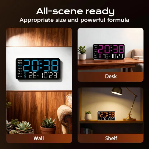 Miniatura 5 de Reloj de pared digital LED decorativo multifuncional, reloj digital grande que muestra la hora, fecha, temperatura, ajuste automático de brillo