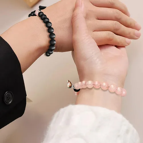 Miniatura 23 de 2 pulseras magnéticas para parejas, piedra natural negra mate, cristal para votos de amor eterno, juego de pulseras de cuentas de piedra de energía