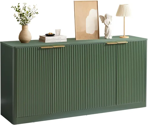 Miniatura 10 de Aparador de buffet acanalado de 59 pulgadas con almacenamiento, credenza grande con 4 puertas, armarios de almacenamiento decorativos de mediados