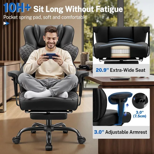 Miniatura 5 de FelixKing Silla de oficina grande y alta de 500 libras, silla de escritorio ergonómica con reposapiés, silla de computadora de piel sintética Negro