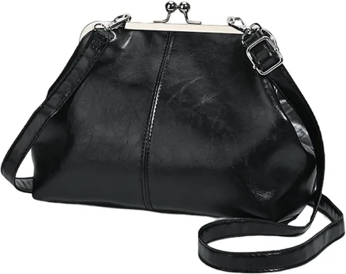 Kiss Lock - Bolso cruzado vintage para mujer, de piel sintética retro, bolso de mano de noche, bolso grande marrón para otoño e invierno