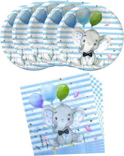 Blue Elephant - Suministros para baby shower, 20 platos y servilletas, decoración de fiesta de cumpleaños con temática de elefante para niño