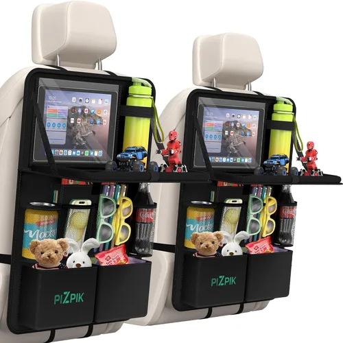 Organizador de asiento trasero de automóvil Plzpik con soporte para tableta, 11 bolsillos de almacenamiento con bandeja plegable para alimentos,