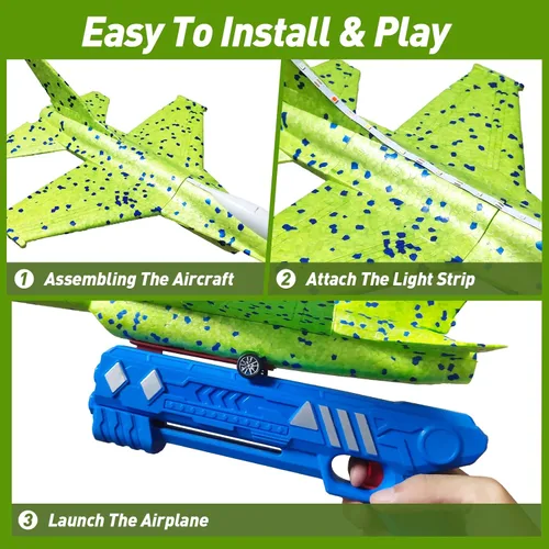 Miniatura 2 de Paquete de 3 juguetes lanzadores de aviones, espuma LED de 13.2 pulgadas 2025 caza F-15 Eagle y avión planeador catapulta para niños, juguetes