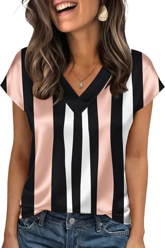 Miniatura 15 de Zeagoo - Camisetas de mujer de satén de seda, tops de manga corta con cuello en V, blusas para negocios y conjuntos casuales, talla S-2XL