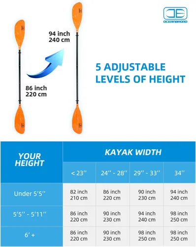 Miniatura 3 de OCEANBROAD Remo ajustable para kayak de 86 pulgadas/86.6 in a 94 pulgadas/94.5 in, kayak, canoa, remo con correa de remo, 1 paleta Naranja