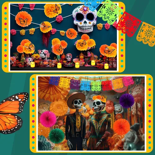 Miniatura 6 de Newwiee Juego de 82 piezas de altar del Día de los Muertos, velas LED sin llama, abanico de flores de caléndula, abanico de flores monarca, Bonito
