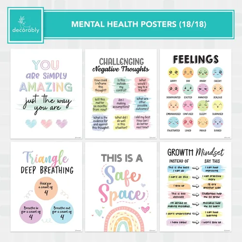 Miniatura 5 de Decorably 18 pósteres de salud mental para niños, 8 x 10 pulgadas, laminado mate, inspirador, decoración de aprendizaje socioemocional – aulas