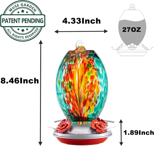 Miniatura 6 de Muse Garden Comedero de vidrio para colibríes para exteriores, comedero de colibríes de vidrio soplado de 27 onzas, regalo único para mamá y mujer
