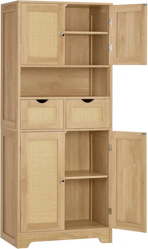 Miniatura 14 de Iwell Armario de almacenamiento de 57.8 pulgadas de alto con 2 cajones y 2 estantes ajustables, armario de cocina con 4 puertas, armario alto