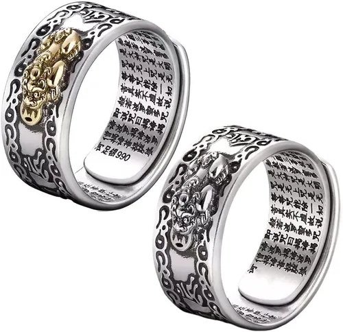 Angyape Feng Shui Pixiu - Anillo de mantra ajustable budista de buena suerte, mantra, doble protección, riqueza, amor, salud, regalo para hombres y