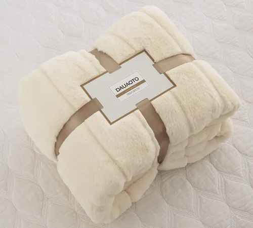 Miniatura 5 de Manta de piel sintética, felpa suave de doble cara, elegante decoración cálida a rayas para cama, sofá y silla (individual/crema)
