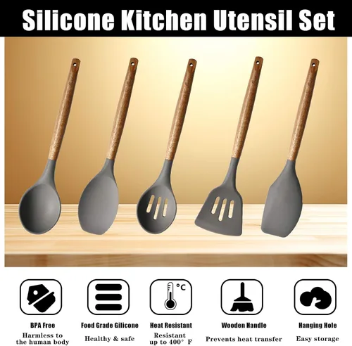 Miniatura 2 de Juego de utensilios de cocina, juego de utensilios de cocina de silicona, espátula de silicona antiadherente con mango de madera dura de acacia Gris