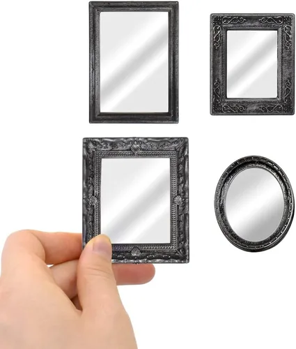 iLAND Mini espejos, accesorios para casa de muñecas a escala 1:12, espejo en miniatura de vidrio enmarcado (plata oscura 4 piezas)