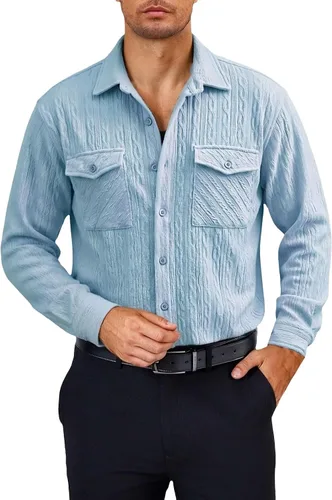 Miniatura 11 de Camisas con botones para hombre, casual, de manga larga, con cuello jacquard, texturizada, ligera, sobrecamisa, sobrecamisa