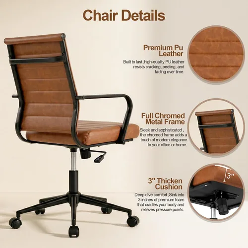 Miniatura 6 de Okeysen Silla de escritorio de oficina de cuero, sillas de sala de conferencias de cuero modernas de mediados de siglo, silla giratoria ergonómica