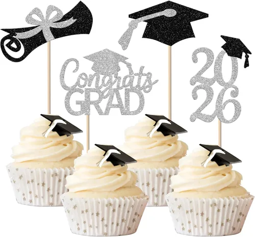 Miniatura 58 de Rsstarxi Paquete de 24 adornos para cupcakes de graduación 2026, con purpurina azul, para la clase de 2026, para diplomas, 24 piezas (6 diseños)