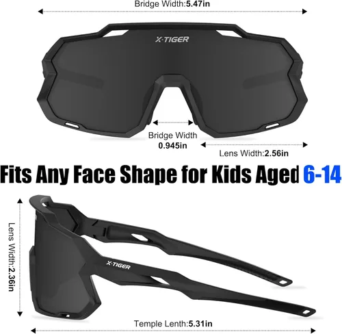 Miniatura 3 de X-TIGER Gafas de sol polarizadas para niños y niñas, lentes de sol de béisbol polarizadas para niños de 8 a 14 años, UV400, gafas de ciclismo y Negro