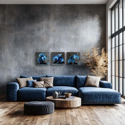 Miniatura 6 de NAN Wind 3 piezas de arte de pared de orquídea azul, piedras de spa zen, impresión en lienzo, gotitas de agua, naturaleza muerta, botánica