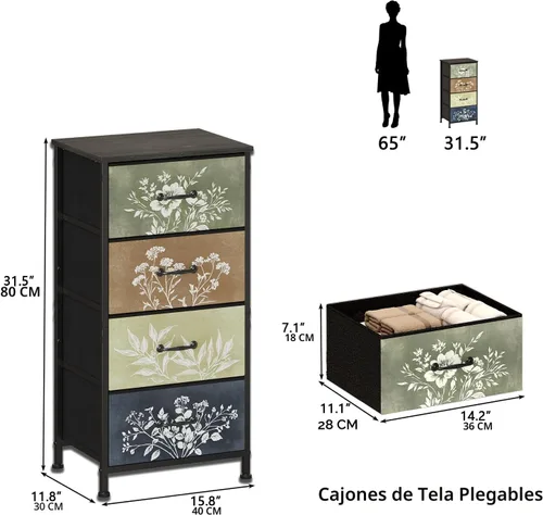 Miniatura 2 de Tohomeor Cómoda vintage vertical con mesita de noche, cajones de tela con diseño botánico neutro para armario, baño, torre de almacenamiento