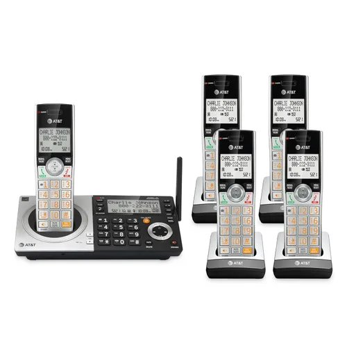 AT&T CL83507 DECT 6.0 - Teléfono inalámbrico de 5 auriculares para el hogar con base de teclado dual, contestadora, bloqueo de llamadas, Base de