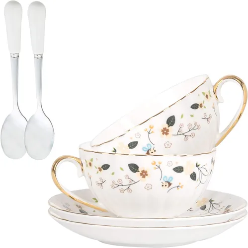 Miniatura 7 de A-SZCXTOP Taza de té de porcelana, juego de 2 tazas de café expreso (8 onzas) con platillos y cucharas, caja de regalo, juego de tazas de café