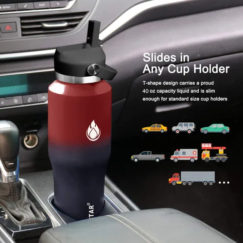 Miniatura 2 de SENDESTAR Botella de agua de 40 onzas de boca ancha de acero inoxidable aislada al vacío, doble pared con tapas de pajilla, cabe en cualquier Carbón