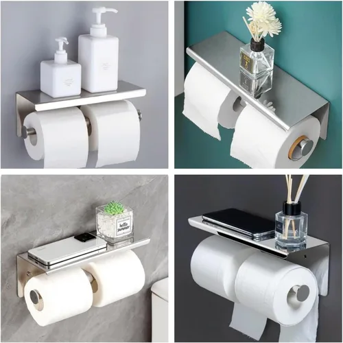 Miniatura 6 de Soporte de papel higiénico de doble rollo con estante, dispensador de pañuelos de acero inoxidable montado en la pared para baño (plateado)