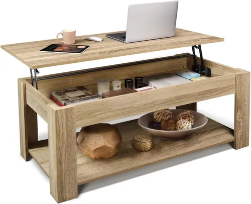 Miniatura 11 de CAPHAUS Mesa auxiliar elevable con almacenamiento y compartimento oculto, mesa elevadora para sala de estar, estante inferior abierto, 41 pulgadas