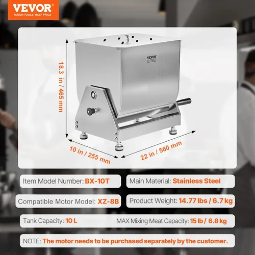 Miniatura 7 de VEVOR Mezclador manual de carne, equipo de procesamiento de carne de tanque inclinable, capacidad máxima de mezcla de carne de 15 libras, acero