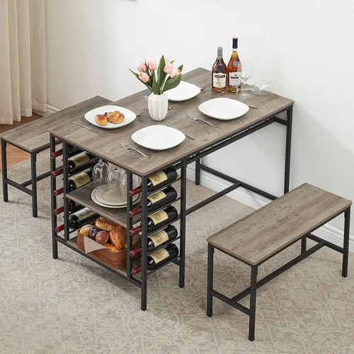 Miniatura 9 de IDEALHOUSE Juego de mesa de comedor para 4, juego de mesa de cocina para 4 con 2 bancos, juego de mesa de comedor rectangular con estante para Negro