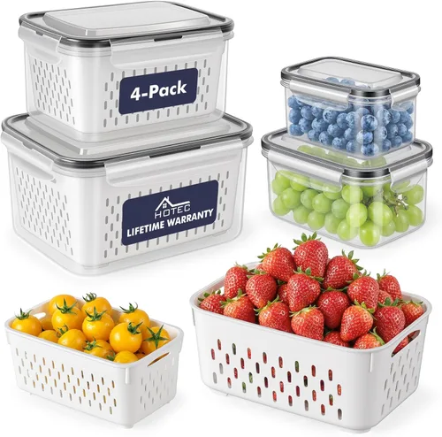 HOTEC Paquete de 4 recipientes grandes de almacenamiento de frutas para refrigerador a prueba de fugas con colador extraíble, sin BPA, apto para
