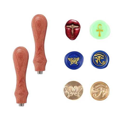 Miniatura 12 de Juego de 6 piezas de sello de cera de madera con cabeza de latón extraíble + 2 asas de madera + caja de cofre del tesoro de madera y cuero