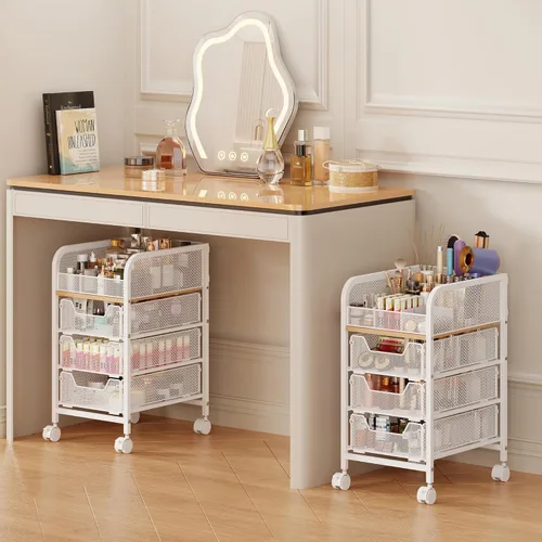 Miniatura 10 de Organizador de Carrito de Maquillaje con 3 Cajones, Organizadores de Cuidado de la Piel de Piso con Divisores, Organizador de Tocador Estuches