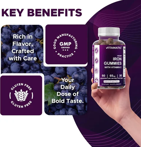Miniatura 6 de Vitamatic Suplemento de gomitas de hierro de 65 mg para mujeres y hombres, 60 gomitas veganas, vitaminas de gomitas de hierro de gran sabor