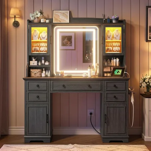 Miniatura 4 de EnHomee Escritorio de tocador con espejo y luces, escritorio de maquillaje negro de 43 pulgadas con 5 cajones y 2 gabinetes de vidrio RGB, 3 luces
