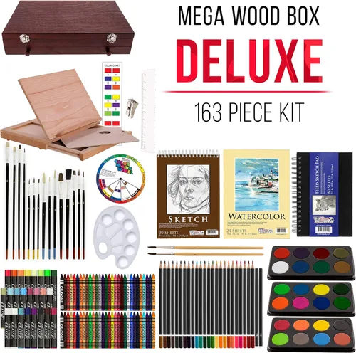 Miniatura 2 de U.S. Art Supply Juego de artista de 163 piezas en caja grande de madera con caballete, pintura, dibujo y suministros de arte para adultos