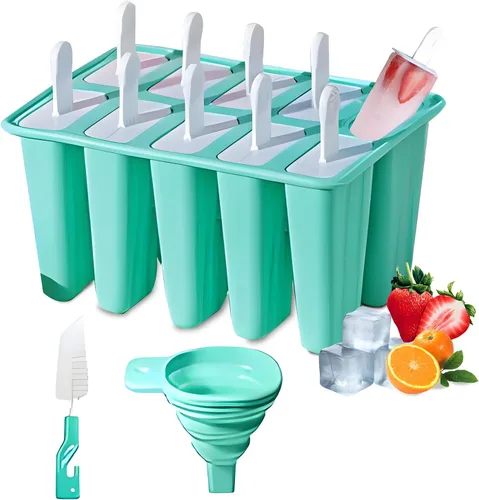 Miniatura 9 de Moldes de silicona para paletas, 10 moldes para hacer paletas de hielo con 10 palos reutilizables, cepillo de limpieza y embudo, moldes caseros