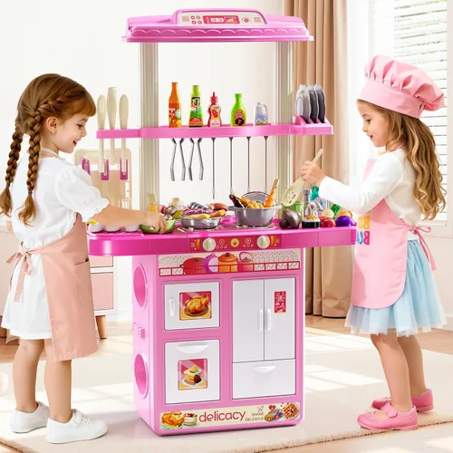 Miniatura 5 de Juego de cocina para niños, juego de cocina 2 en 1 con sonido y luz, fregadero de paly con 60 piezas de juguete de comida y accesorios de cocina