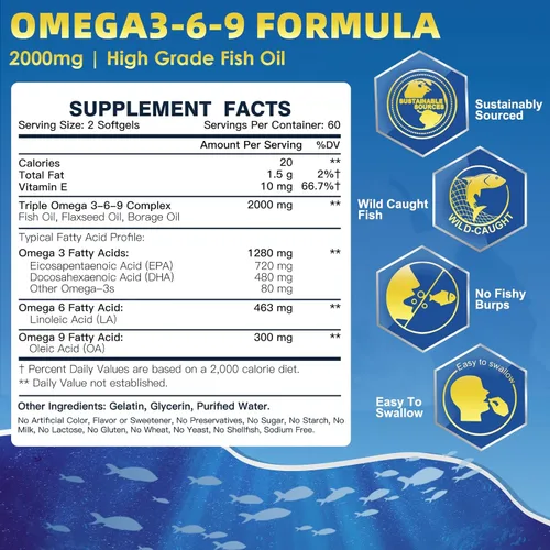 Miniatura 2 de Triple Omega 3-6-9 - Aceite de pescado de 2000 mg con vitamina E - Suplemento de ácidos grasos EPA y DHA - Apoya la salud del corazón, cerebro