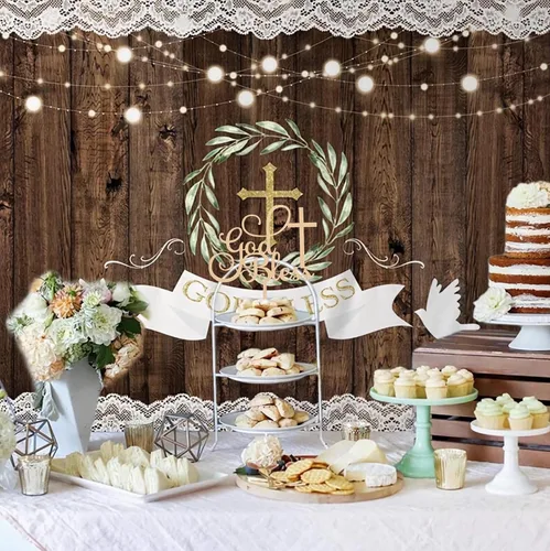 Miniatura 6 de Decoración para pastel con texto en inglés "God Bless", suministros de decoración de bautismo de madera para niños y niñas, accesorios para cabina