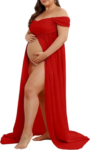 Miniatura 2 de Vestido de maternidad para sesión de fotos con hombros descubiertos, vestido de gasa con abertura frontal, maxi vestidos de embarazo para fotografía